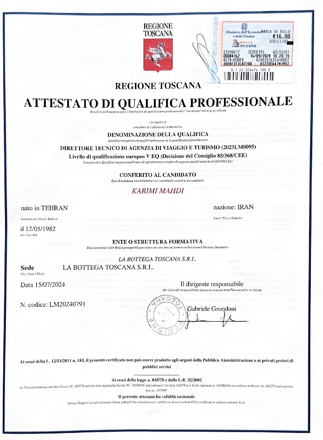 attestato di qualifica professionale direttore tecnico golden bridge tout