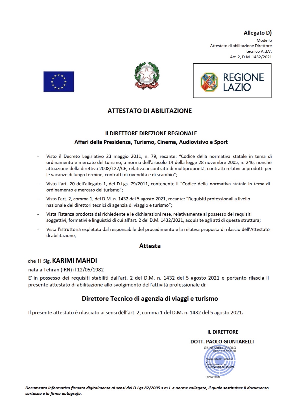 direttore tecnico regione lazio travel mehdi golden bridge tour